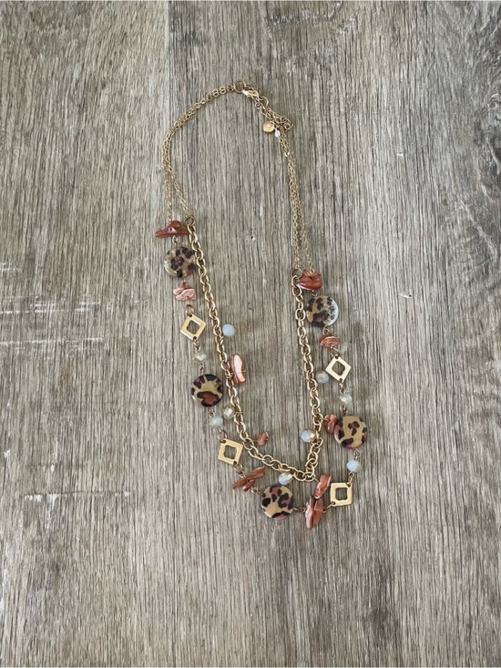 Boho Gold Tone Leopard Print Charm Necklace Coral Shell Beads